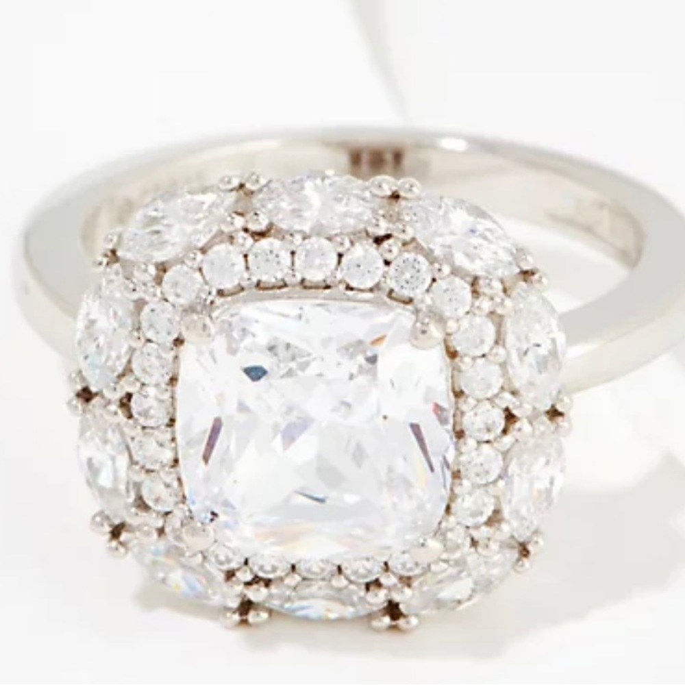 Diamonique by QVC Cushion cut double halo 35 stone ring in Sterling Silver sz 4
